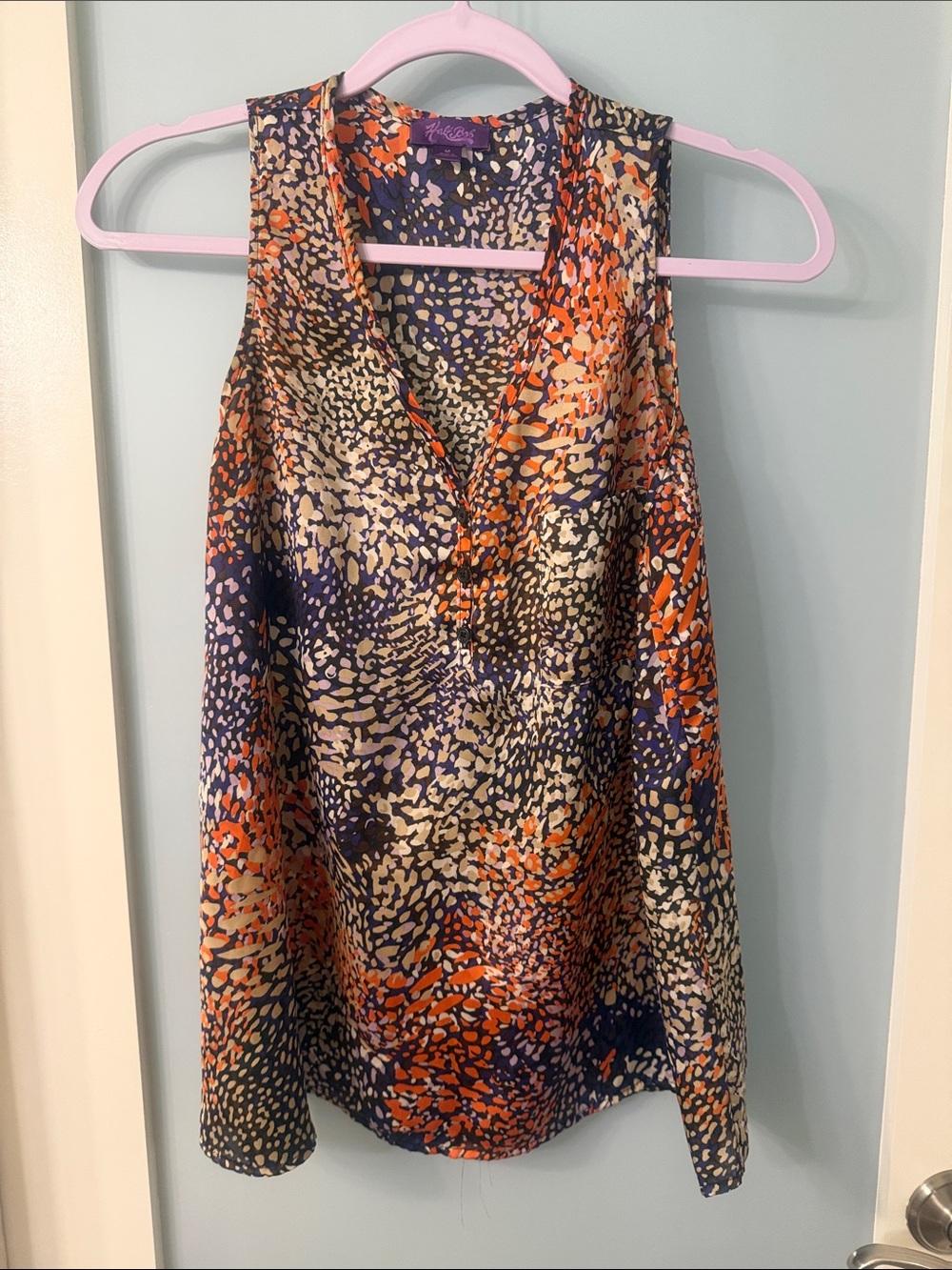 Hale Bob Navy, Orange & Cream Abstract V-Neck Silk Camisole
